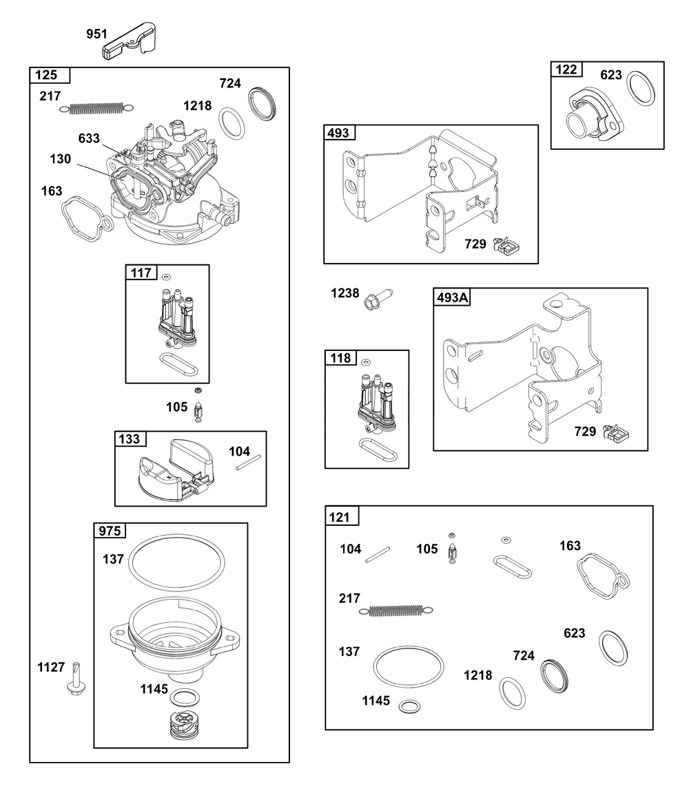 Carburetor Group Diagram and Parts List for 123P02-0056-H1 100000 - 19Z999 Briggs and Stratton Engine